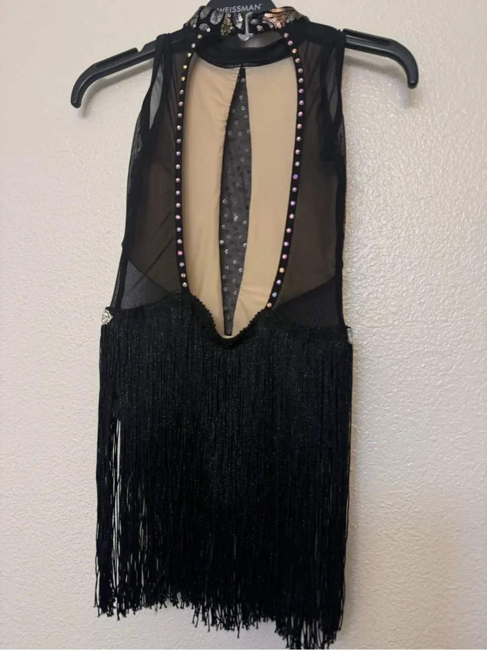 Ilo Gear glam black custom dance costume leotard rhinestoned velvet fringe LC